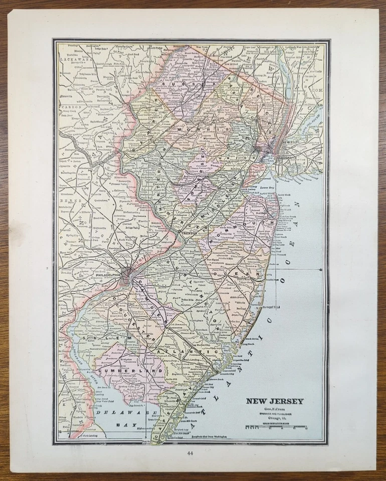 Винтажная карта 1886 НЬЮ-ДЖЕРСИ 11 x 13 дюймов старая антикварная оригинальная CAMDEN NEWARK TRENTON - Изображение 2 из 4