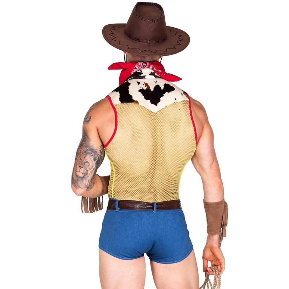 Fantasia de cowboy xerife macacão transparente rede denim estampa de vaca bandana amadeirada 5019 - Imagem 2 de 4