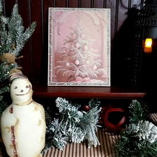 SHABBY VICTORIAN VINTAGE PRIMITIVE FOLK STYLE CHRISTMAS SOFT PINK ICY TREE SIGN