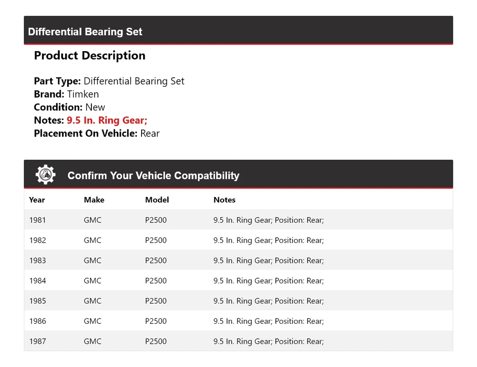 Juego de cojinetes diferenciales traseros Timken 1982 1983 1984 1985 para GMC P2500 1981-1987 Foto 2 de 4
