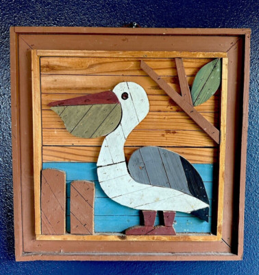 Vintage Wood Lath Folk Art 3D Wall Hanging Beach House Pelican