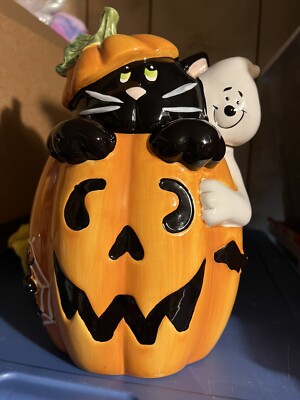Davids Cookies Jack O Lantern Cookie Jar Black Cat Ghost Halloween Pumpkin 11 