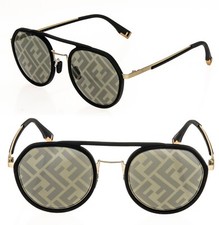 FENDI LIGHT 40040 Black Gold FF Mirror Print Round Metal Sunglasses FE40040U