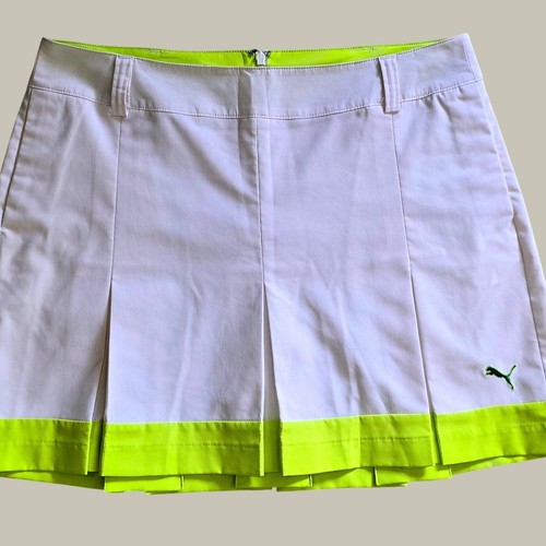 Puma Golf Skort Women's Size 8 Performance Pleated Zip White Neon Yellow Green