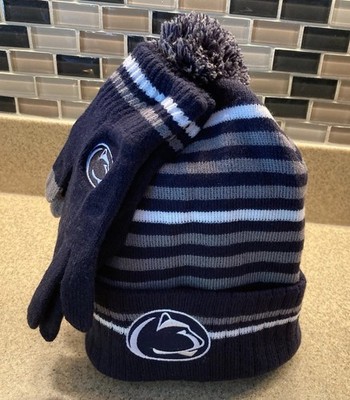 Penn State Nittany Lions Knit Pom Beanie Hat & Gloves Set Blue White NWT