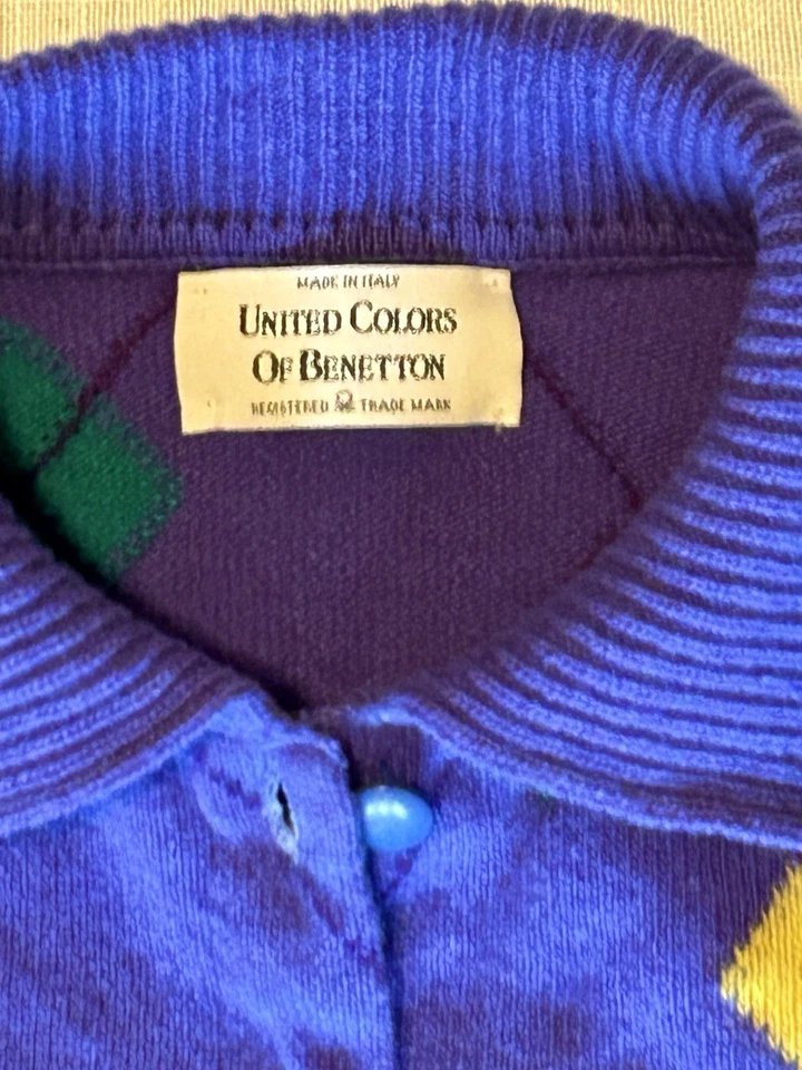 复古 20 世纪 90 年代 BENETTON Preppy Argyle Cardigan Polo 领意大利制造公主 — 第 4/4 张图片