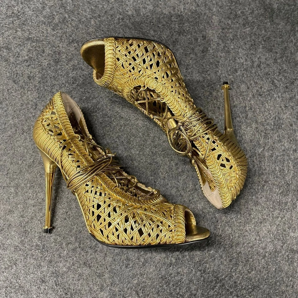 TOM FORD Woven Leather Lace Up Pumps Womens Size 37 US 7 Metallic Gold - Image 4 of 4
