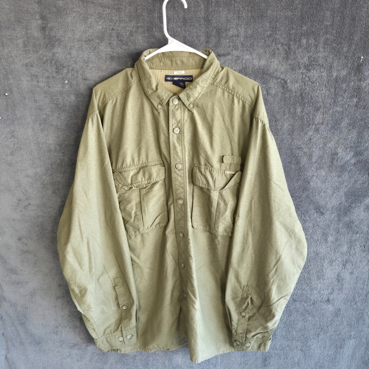 ExOfficio Button Up Shirt Men XL Green Long Sleeve Outdoor Fishing