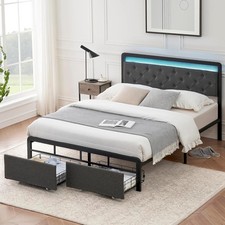 Queen Bed Frame with 2 Storage Drawers, Button Tufted Headboard and LED Lights