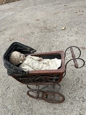 Antique Vintage Baby Doll Carriage, Pram, Victorian Style Wooden Stroller 11.5  
