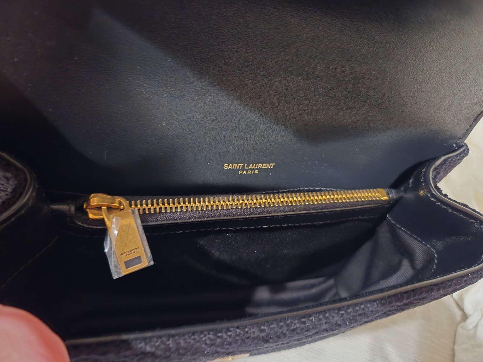 Saint Laurent College Medium Flap Top Handle Bag in Quilted Tweed, Black, Full S image 4