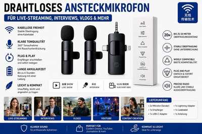 Kabelloses Lavalier Ansteckmikrofon Set 2x Clip USB-C/Lightning Plug&Play