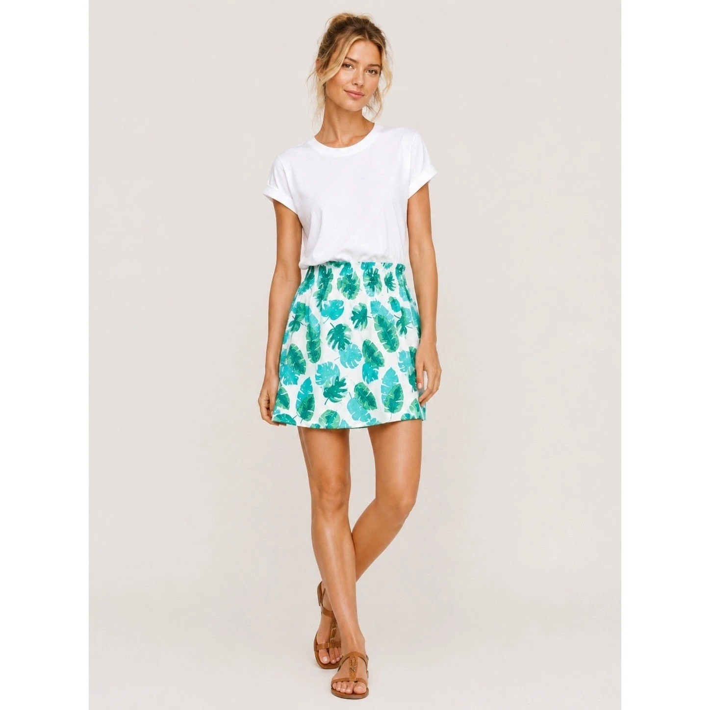 J.Crew Women Palm Leaf Print Mini Skirt M Linen Blend Summer Green White Resort