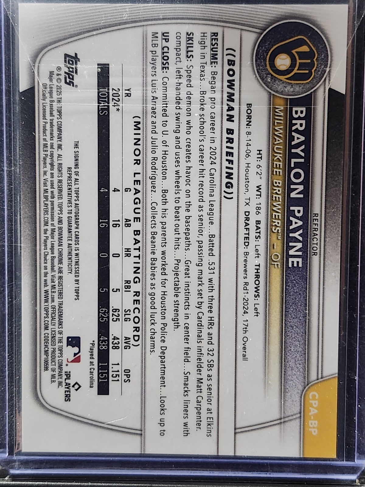 Braylon Payne Auto 2025 Bowman  Chrome Refractor Autograph /499 Brewers view 2