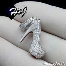 WOMEN SOLID 925 STERLING SILVER ICY BLING CZ 3D HIGH HEEL SHOE PENDANT*SP161