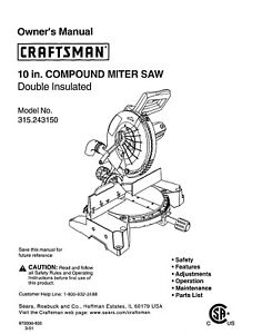 Craftsman 315.243150 Miter Saw Owners Instruction Manual | eBay