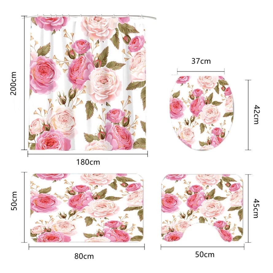 Alfombras de cortina de ducha rosa cubierta de tapa de inodoro alfombra de baño con 12 ganchos Foto 2 de 4