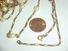 1 VINTAGE PEARL BEADED ROSE BRASS FIGARO CHAIN 18" DECO NECKLACE L907