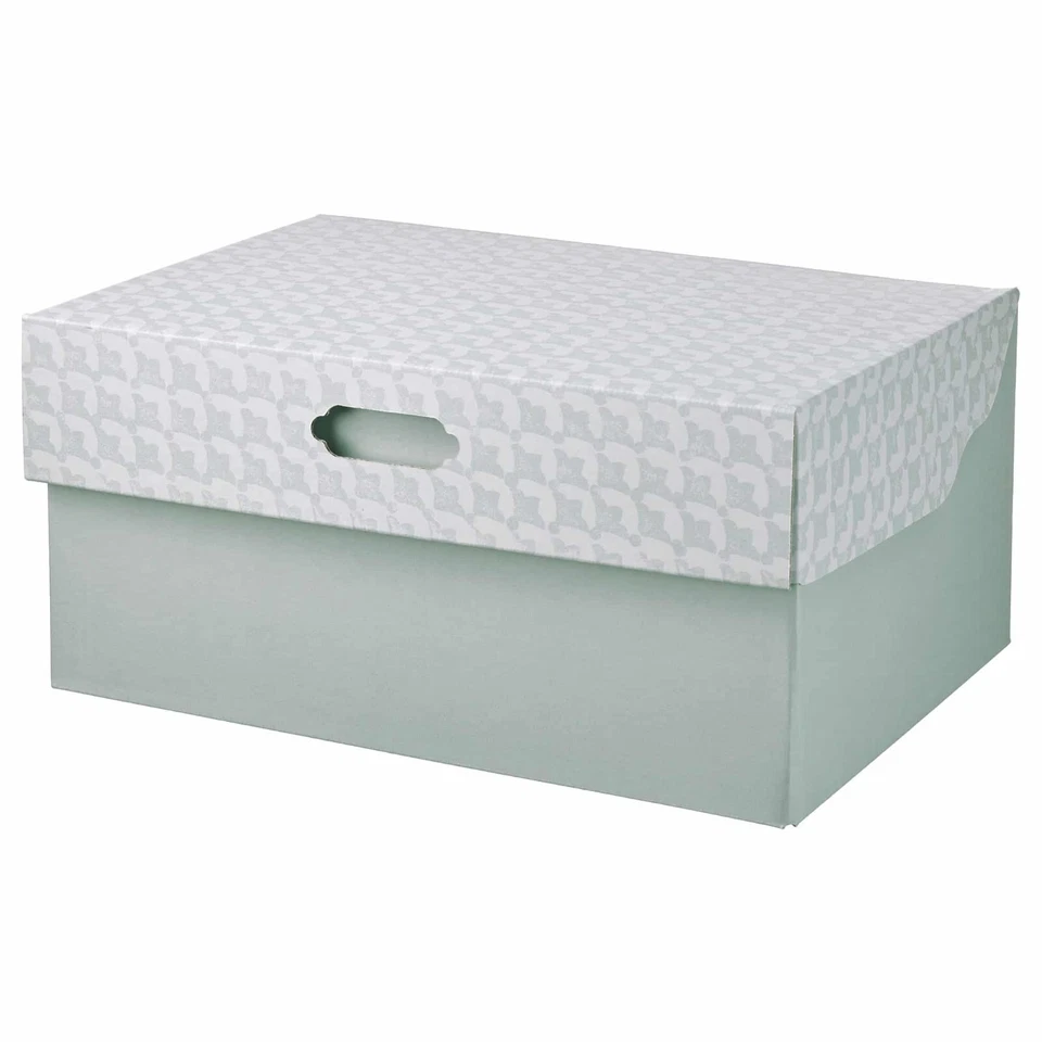 4 x Ikea HYVENS Cardboard paper storage box with lid, gray-green/white 13x9x6" - Image 3 of 4