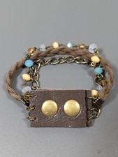 Western Coastal Blue Brown Bead Chain Faux Leather Braided Snap Cuff Bracelet 6"