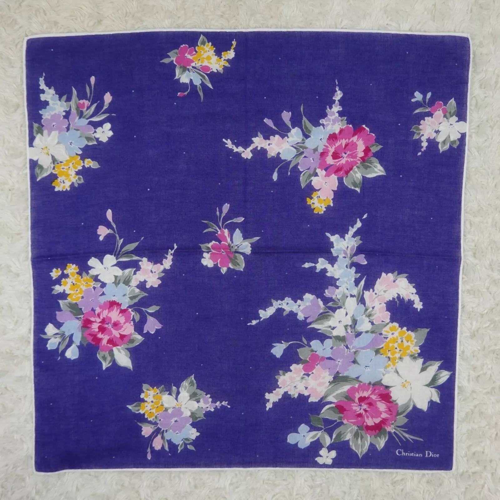 CHRISTIAN DIOR Foulard foulard coton bleu fleur poche carré 17