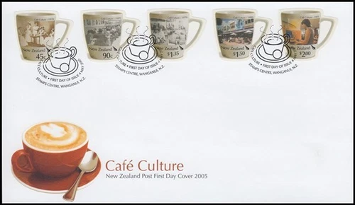 NEW ZEALAND 2005 CAFE CULTURE FDC S/A CUP-SHAPE STAMPS (ID:F2006 (4/5)