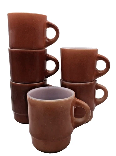 Fire King Stacking Set Of 6 Mugs Matching Vintage Cups C Handle Rustic Red Brown