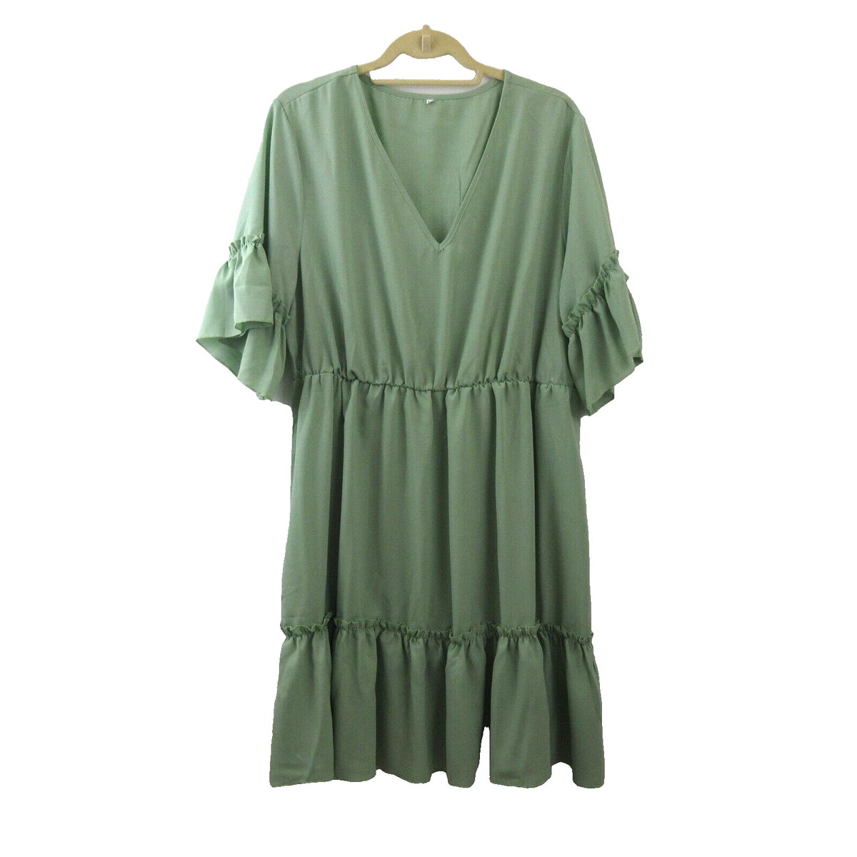 Shein Womens Dress Size 3XL Green Ruffle Tiered 3/4 Flutter Sleeve V-Neck  Flowy