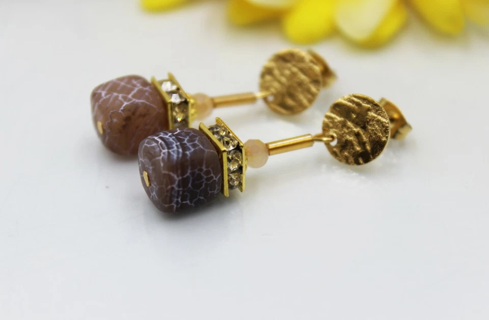 Würfelohrringe Ohrhänger Würfel Perlen Achat Braun Strass Edelstahl #DA009 - Bild 2 von 3