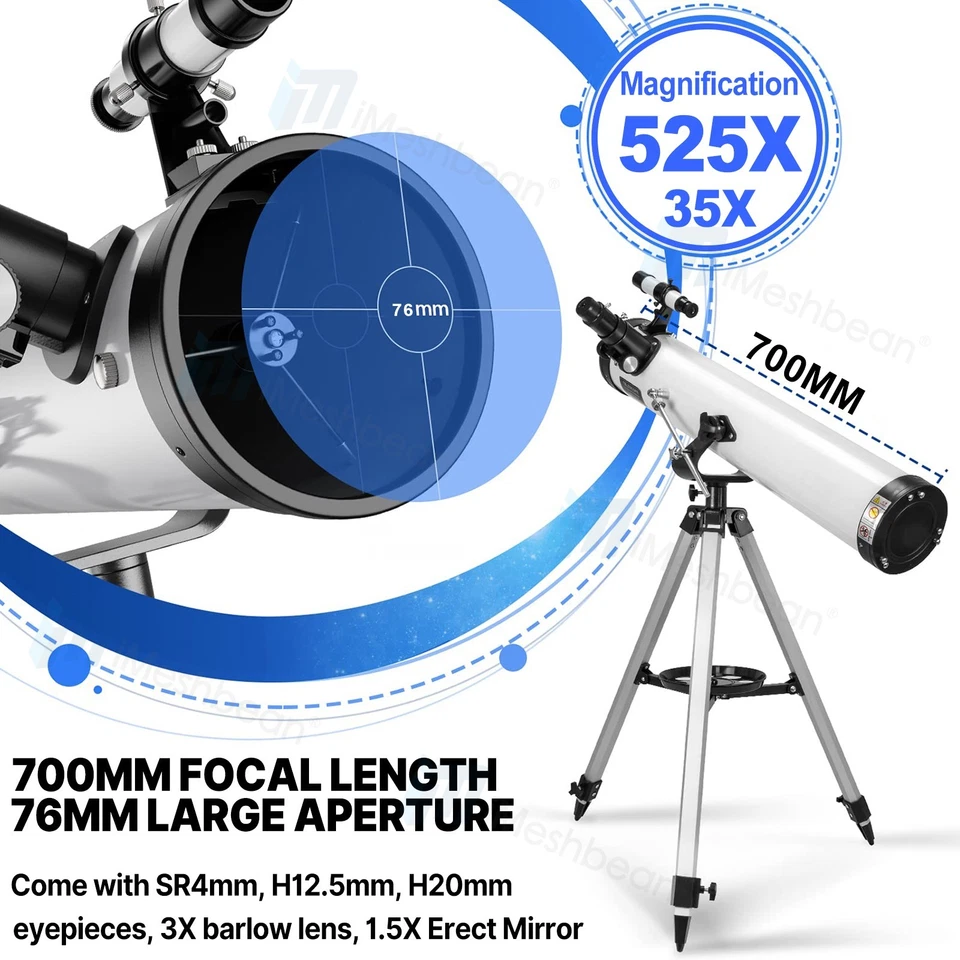 Telescope for Adults Astronomy 76mm Aperture 700mm 35-525X Reflector Achromatic - Image 2 of 4