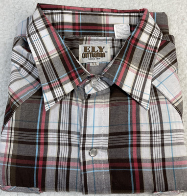 Ely Cattleman Shirt Mens XL Brown Tan Red Plaid Pearl Snap Western Pocket Flaps