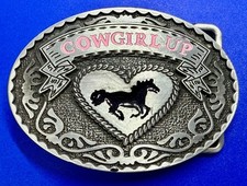 Cowgirl Up Pink Centerpiece Heart Running Horse Western Buckle Rage Belt Buckle
