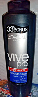 L'OREAL VIVE PRO FOR MEN ABSOLUTE CLEAN SHAMPOO HAIR BODY WASH 17.3 OZ 33% Bonus