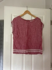 Sigrid Olsen Size XS 100% Linen Red Top w/ White Embroidery Details Button Back