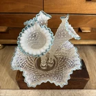 VINTAGE FENTON HOBNAIL FRENCH OPALESCENT AQUA CREST DIAMOND LACE PATTERN EPERGNE
