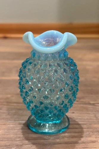 Vintage Fenton blue opalescent ruffled hobnail vase - small