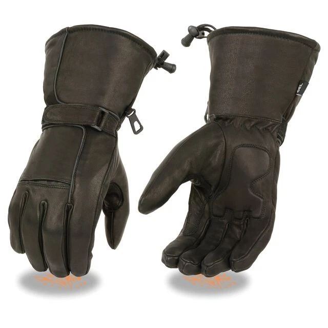 Mens Black Long Soft Leather Gauntlet Motorcycle Gloves Gel Palm with Drawstring