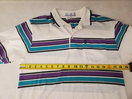 VTG Mens Penguin Club Short Sleeve Polo Lightweight Purple Teal Striped Size M - Picture 5 of 7
