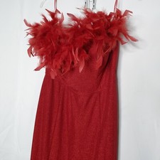 NEW Fashion Nova Sexy Strapless Maxi Dress XL Red Glam Feather Trim High Slit