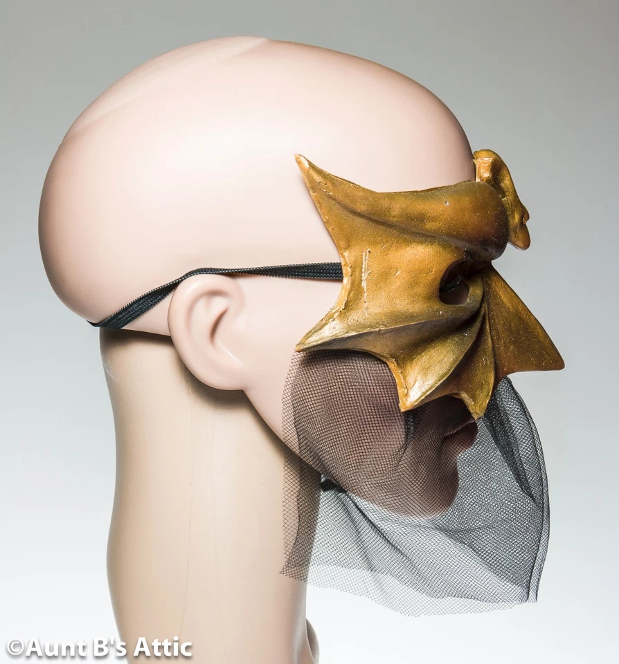 Mardi Gras Mask Venetian Style Gold Latex Bat Eye Mask With Veil  - Image 2 of 2