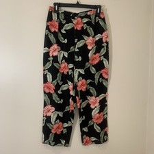 Vintage Tommy Bahama Womens Silk Pants 6 Black Trademark Hibiscus Beach Resort