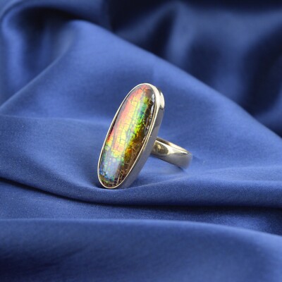 Bague En Ammolite Et Argent 925 Plaqué Or - Pierre Naturelle - Neuf Sans Emballage