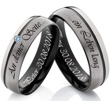 2 Partnerringe Freundschaft Tricolor aus Titan mit blauem Stein Lasergravur FF51