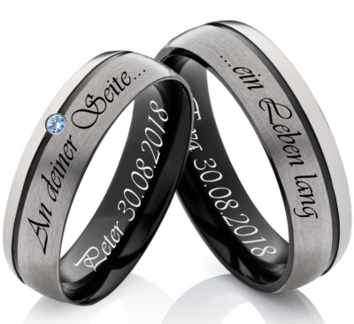 2 Partnerringe Freundschaft Tricolor aus Titan mit blauem Stein Lasergravur FF51