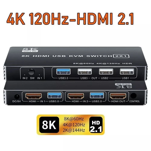 8K KVM Switch HDMI 2.1 4K 120Hz 2 Port USB 3.0 KVM Switcher Box 2X1 for Keyboard