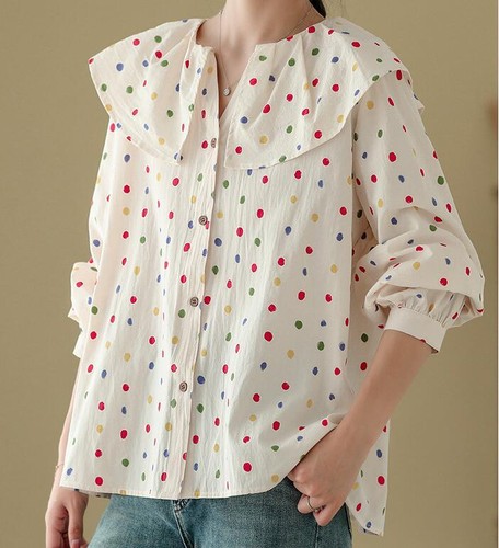 Womens Autumn New Fashion Doll Collar Flounce Long Sleeve Loose Wave Point Shirt - Bild 6 von 14