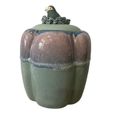 Mexican Pottery Garlic Keeper Container With Lid Tropical Bird In Nest 2 Pieces