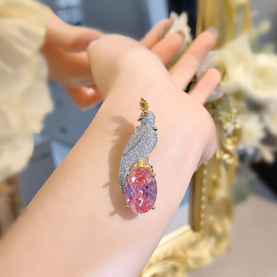 New Bird Design Oval Pink Topaz Gemstone Two Usage Women Silver Necklace Brooch - Image 3 of 4