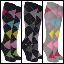 Womens Fine Fit Graduated Mild COMPRESSION 8-15 mmHg Over The Calf Argyle Socks