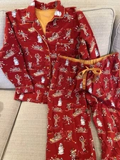 Nick & Nora Women L Flannel PJ Set Sock Monkeys Winter Games Skate Sled Hockey
